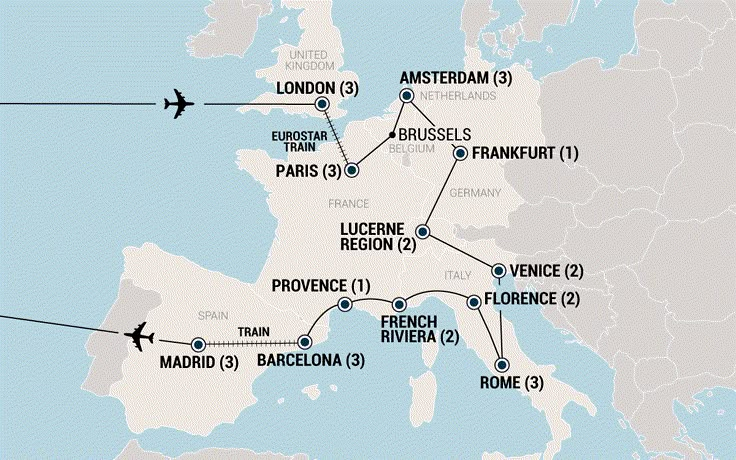 a map showing the route for europe