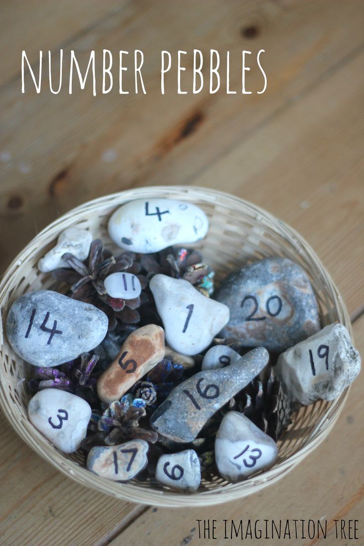 a basket full of rocks with numbers on them