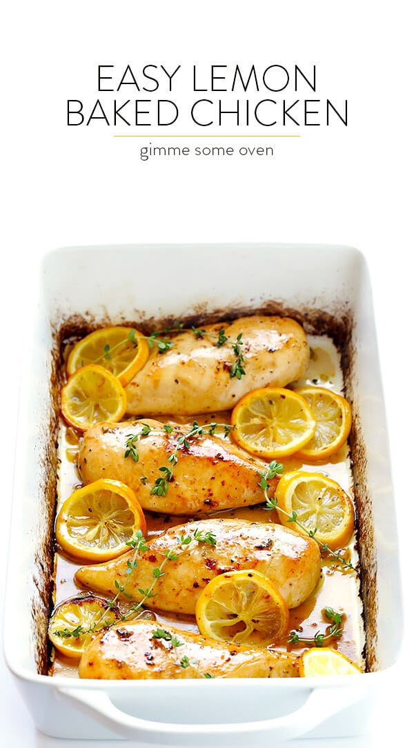 an easy lemon baked chicken recipe in a casserole dish