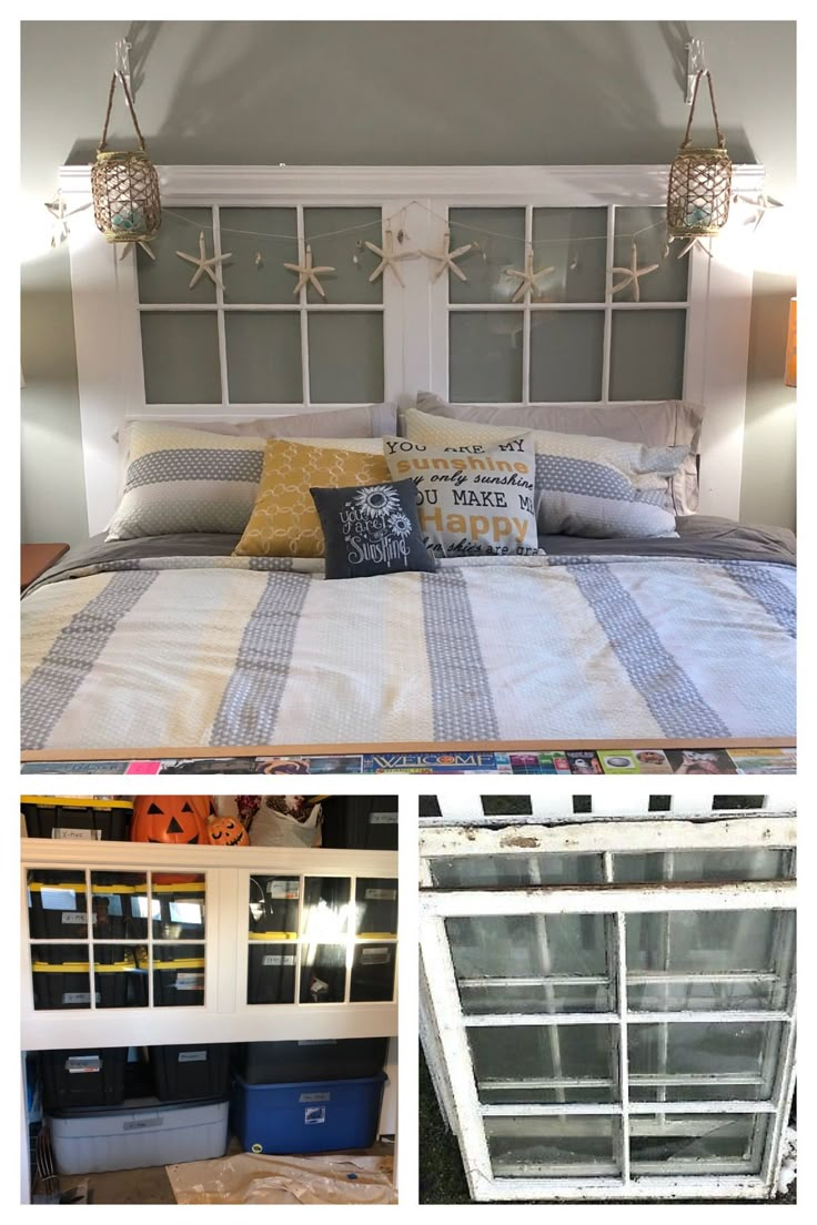 four different pictures of the same bed and window in one photo, each with its own storage bins