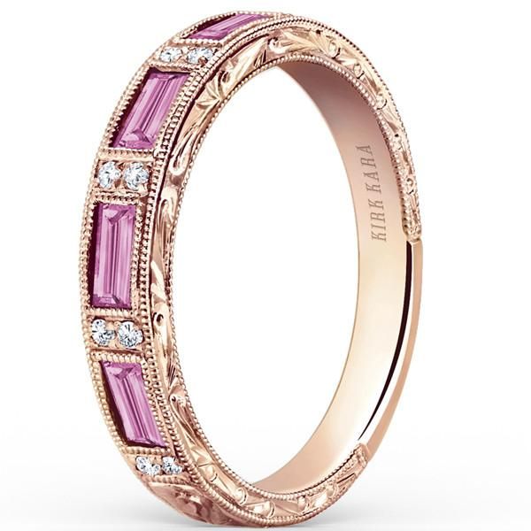 Kirk Kara Rose Gold Charlotte Baguette Cut Pink Sapphire Diamond Wedding Band Featuring 0.06 Carats Total Weight Diamonds and 0.74 Carats Baguette Cut Pink Sapphires with Milgrain Edging Delivery takes 5-6 weeks for Kirk Kara to create and will ship immediately after completion. Rush delivery available depending on style and upon request Item can be viewed prior to purchasing under no obligation to buy Available with a sizing bar or complete eternity with diamonds. Photo above shown with sizing Kirk Kara Engagement Rings, Sapphire Diamond Wedding Band, Pink Sapphire Ring Engagement, Diamond Sapphire Engagement Ring, Sapphire Diamond Engagement, Bridesmaid Gifts Jewelry, Silver Pearl Necklace, Gold Gemstone Ring, Diamond Wedding Band