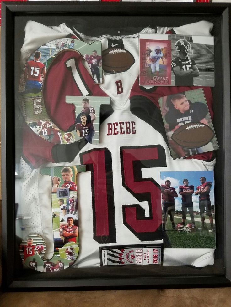 a football jersey is displayed in a shadow box with photos and other sports related items