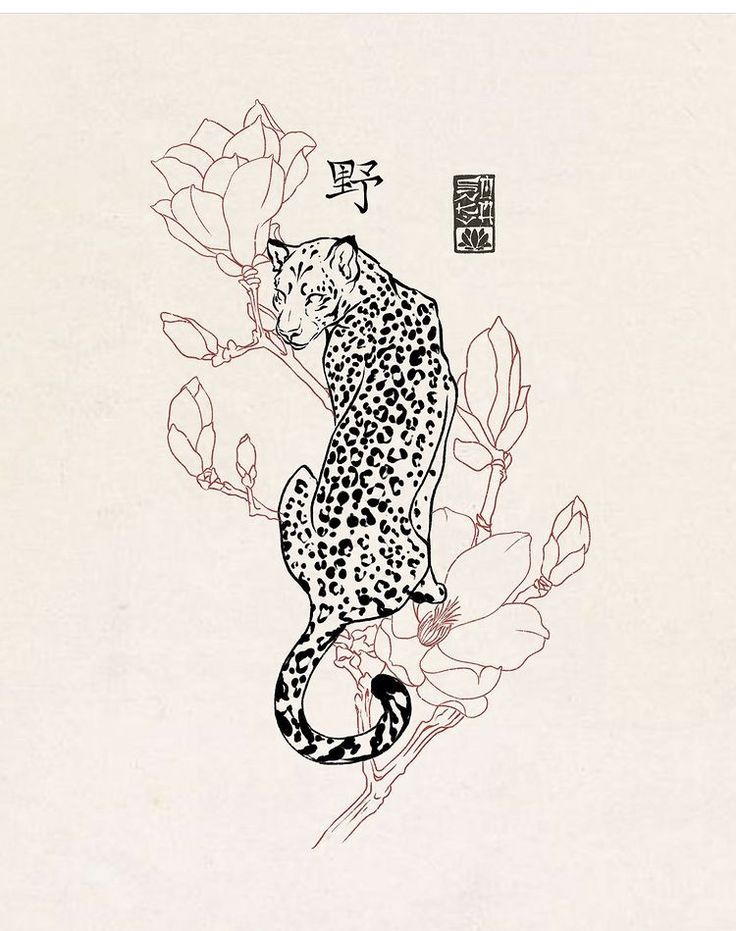 a black and white drawing of a leopard on a branch with flowers in the background