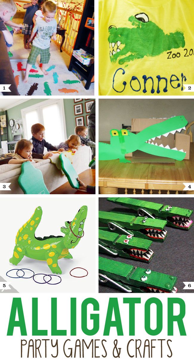 collage of alligator party games and crafts for kids with text overlay that reads, alligator party games & crafts