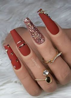 Gold Glitter Nails, Stylish Nails Designs, Nails Design With Rhinestones, Fall Acrylic Nails, Long Acrylic Nails Coffin, Red Nail, Nail Swag, Bling Acrylic Nails, Nailed It