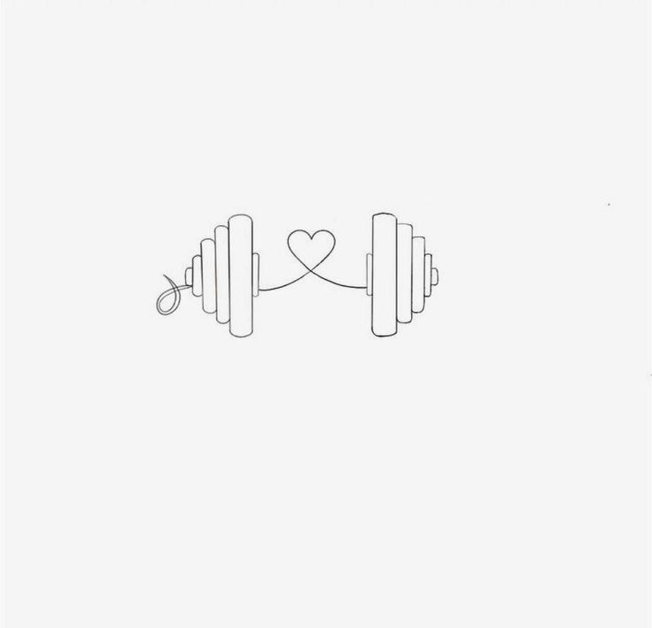 a line drawing of dumbbells with a heart on the side and one barbell in the middle