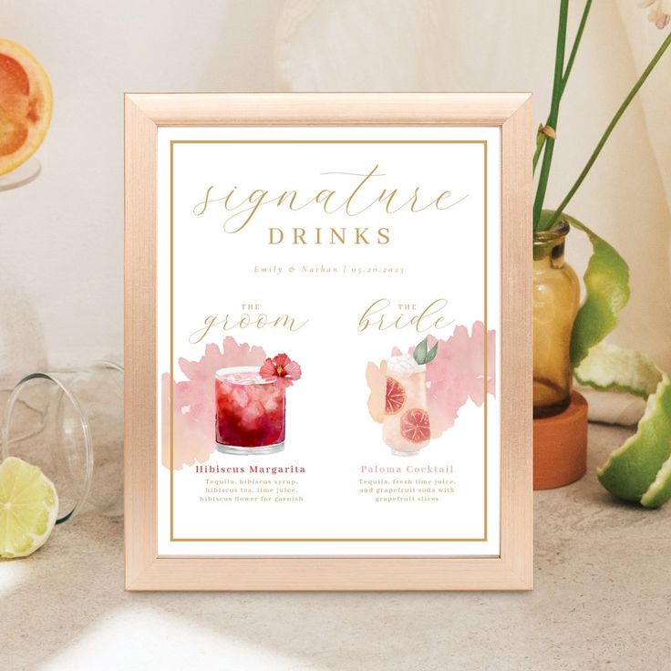 Bride & Groom Signature Drinks Watercolor Cocktail Poster Drinks Watercolor, Signature Drink Wedding, Drink Wedding, Infused With Love, Cocktail Sign, Citrus Cocktails, Paradise Wedding, Colors Of Summer, Modern Cocktail