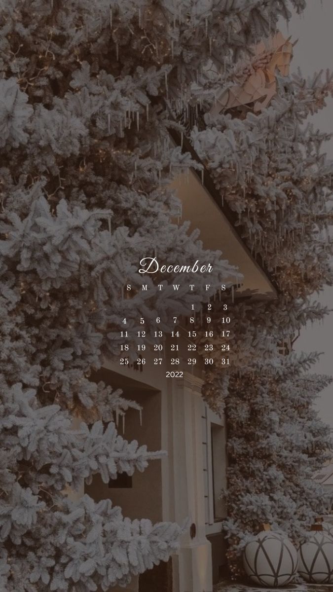 the december calendar is displayed in front of a house with snow covered trees on it