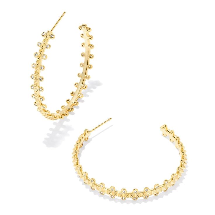 Kendra Scott | Jada Gold Hoop Earrings in White Crystal - Giddy Up Glamour Boutique Hoop Design, White Crystals, White Crystal, Brass Material, Gold Hoop, Gold Hoop Earrings, Kendra Scott, Hoop Earrings, Sparkle