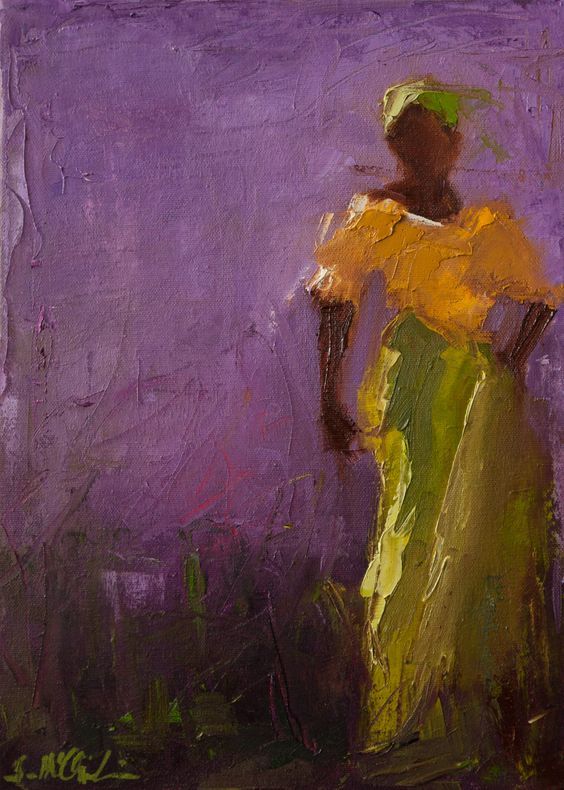 a painting of a woman standing in front of a purple wall and holding a green hat