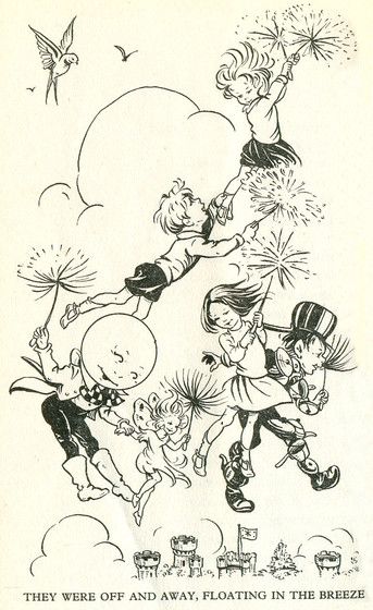 an old book with cartoon characters flying in the air