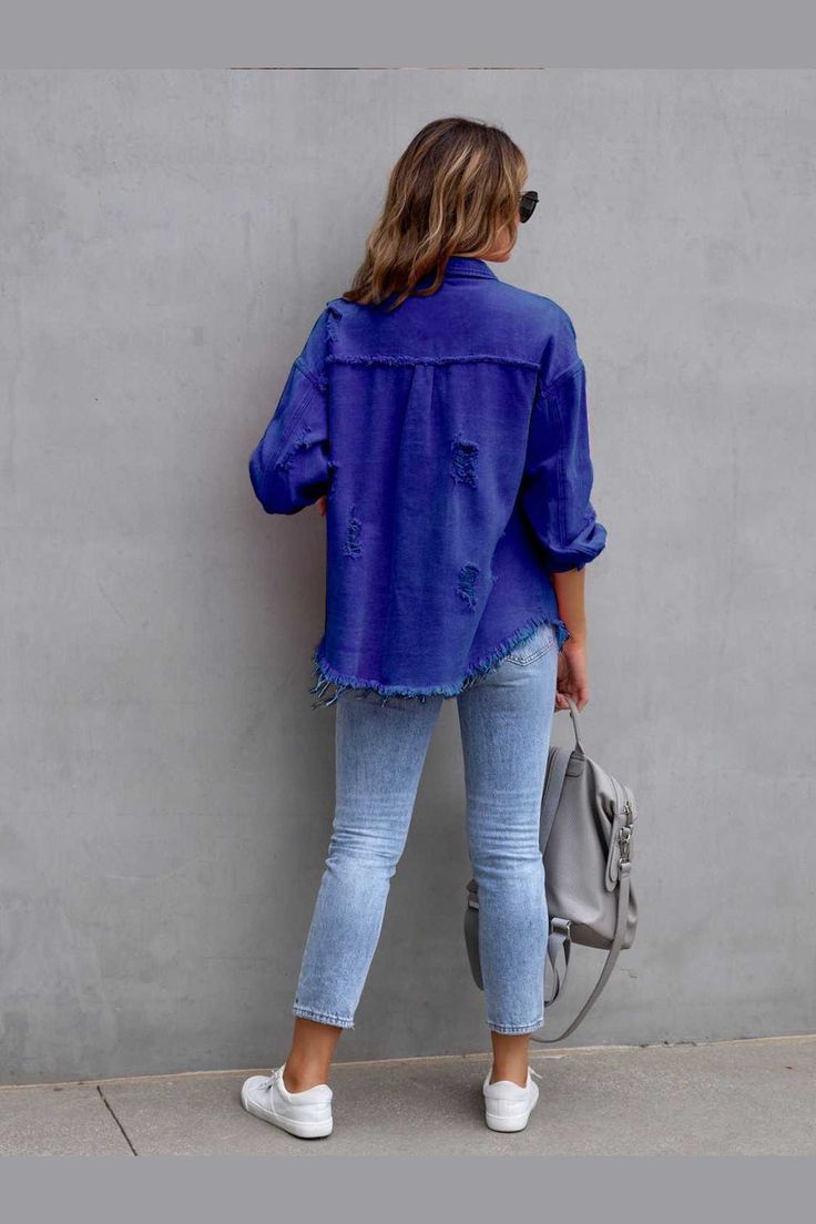 This Distressed Drop Shoulder Denim Jacket is expertly crafted for a stylish and comfortable fit. Made with high-quality denim, this jacket boasts durability and a timeless look. The drop shoulder design adds a modern twist to a classic style. Perfect for any casual or dressy occasion, this jacket is a must-have for any fashion-forward individual. Features: Fringe Stretch: No stretch Material composition: 65% cotton, 35% polyester Care instructions: Machine wash cold. Tumble dry low. Imported Pr Trendy Frayed Hem Denim Top For Fall, Trendy Fall Denim Top With Frayed Hem, Ripped Long Sleeve Cotton Outerwear, Long Sleeve Dark Wash Denim Top With Frayed Hem, Washed Blue Long Sleeve Denim Top With Frayed Hem, Fall Distressed Dark Wash Denim Top, Long Sleeve Washed Blue Denim Top With Frayed Hem, Casual Washed Blue Denim Jacket With Frayed Hem, Washed Blue Denim Jacket With Frayed Hem