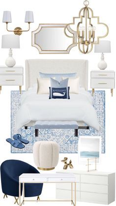 a white bedroom with blue accents and gold accents on the walls, along with furniture