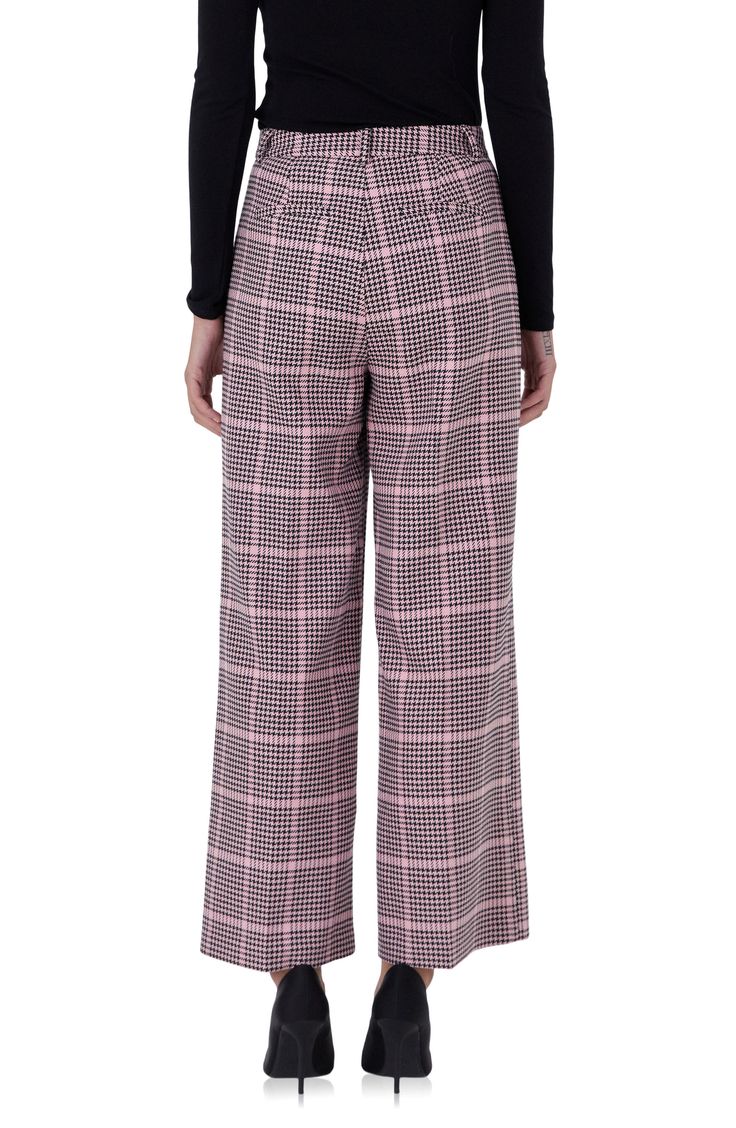 A cheery shade of pink updates the houndstooth check of high-waist pants that exemplify a softer approach to corner-office attire. 60% polyester, 40% rayon Hand wash, dry flat Imported Pink Pants For Office In Fall, Pink Office Pants For Fall, Pink Fall Workwear Pants, Spring Office Pants With Houndstooth Pattern, Chic Plaid Houndstooth Pants, Wide Leg Houndstooth Pants For Work, High Waist Gingham Pants For Work, Spring Houndstooth Bottoms For Work, Spring Business Casual Houndstooth Bottoms