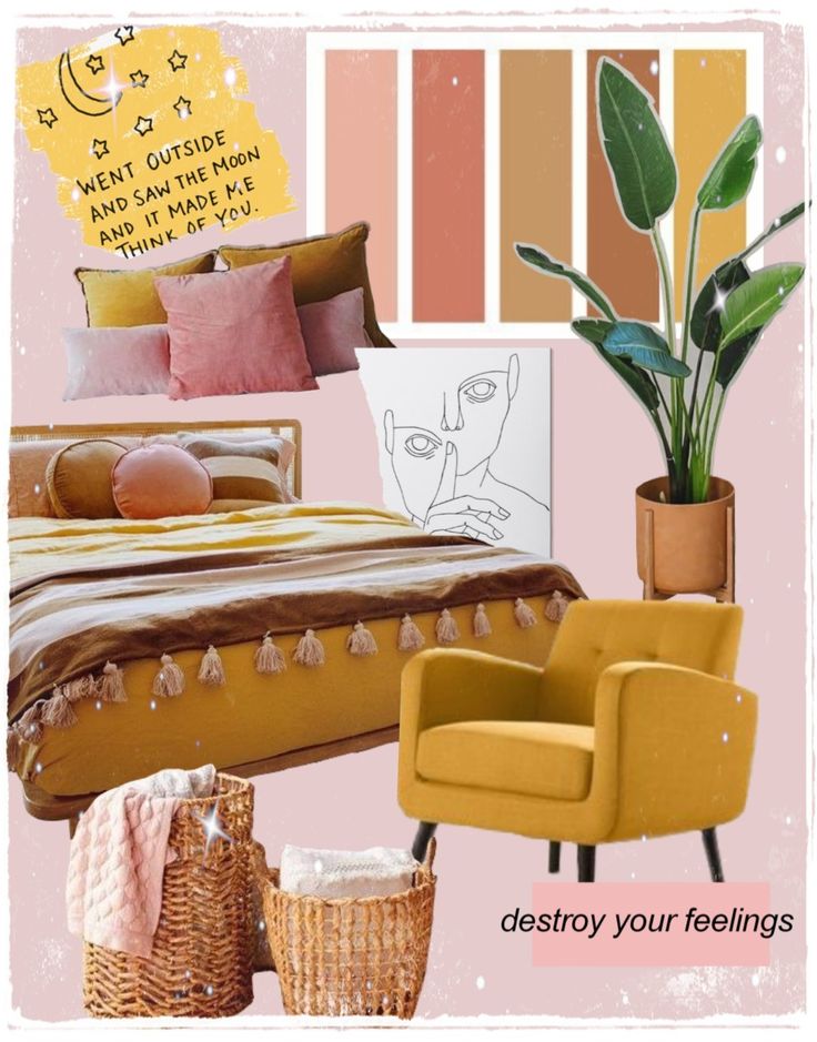 a bedroom with yellow and pink colors in the room, including a bed, chair, plant