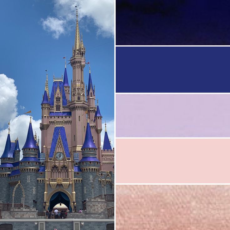 there is a castle with blue and pink colors in the background, and an image of it's roof