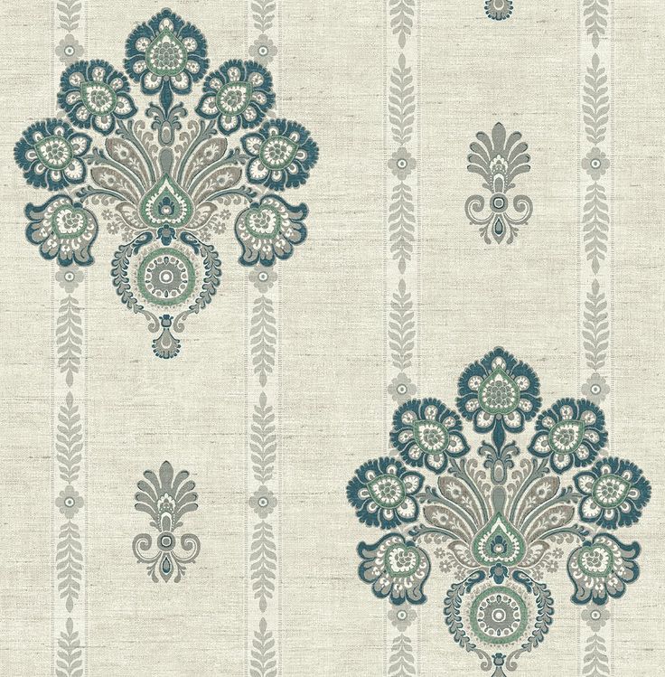 an ornate wallpaper with blue and green flowers on white background, in the style of damaska