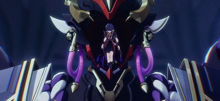 an animated image of a giant robot standing in front of a blue and purple background