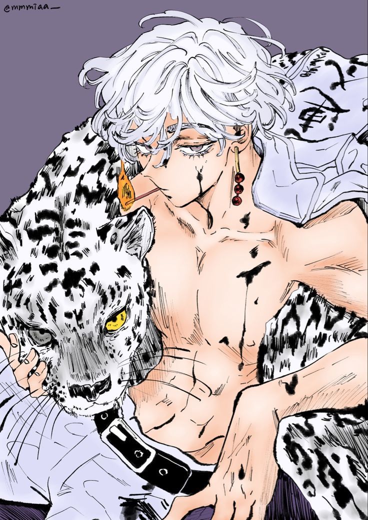 an image of a man with white hair and tattoos hugging a snow leopard's face