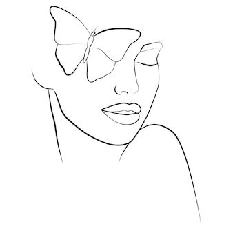 a line drawing of a woman's face with a butterfly on her cheek and eyes closed