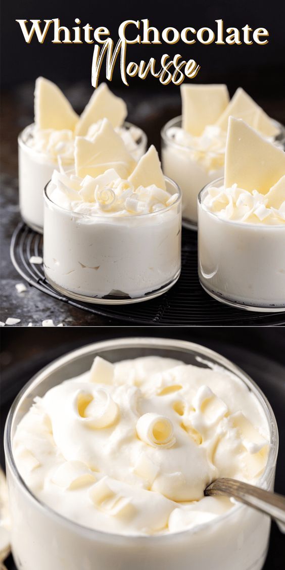 white chocolate mousse in a glass dish with whipped cream on top and the words, how to make white chocolate mousse