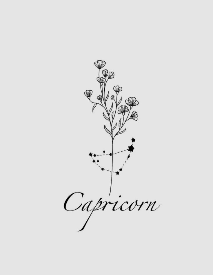 the word capricorn is written in black ink on a gray background with flowers