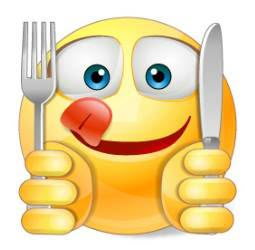 an emoticive smiley face holding a knife and fork with its tongue sticking out