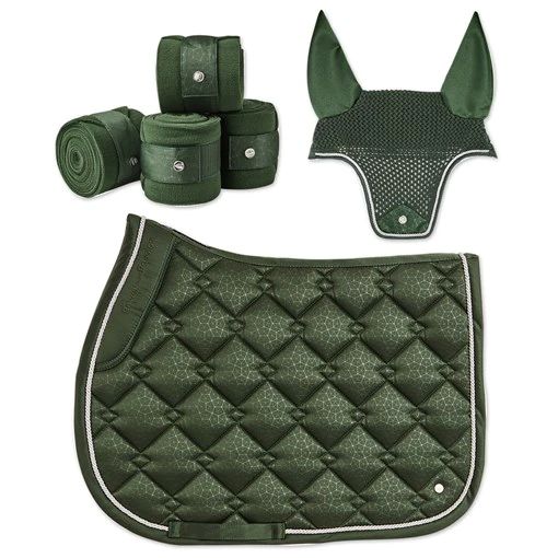 a green horse saddle and accessories