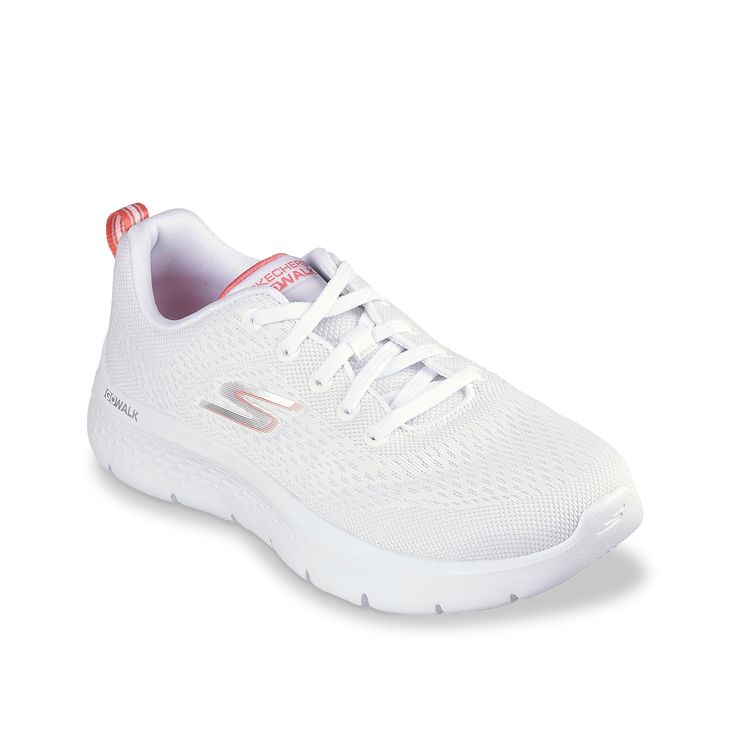 Skechers-Go Walk Flex Kali Sneaker - Women's Casual days call for a comfortable pair of kicks, like the Go Walk Flex Kali sneaker from Skechers. Supportive and secure, this sporty style is designed to keep up with your schedule thanks to it's must-have features. Complete with a a Goga Mat™ insole, Ultra GO® cushioning, and a synthetic sole with with Flex Pillars™. White Synthetic Walking Shoes With Elastic Laces, White Walking Shoes With Elastic Laces For Light Sports, Comfortable Pink Sneakers For Walking, Comfortable Pink Walking Sneakers, Pink Comfortable Walking Sneakers, White Athleisure Walking Shoes With Round Toe, White Running Shoes With Air Cushioning For Walking, White Synthetic Sneakers For Walking, White Sneakers With Laces For Walking