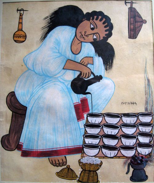 a painting of a woman pouring water from a kettle to cups in front of her