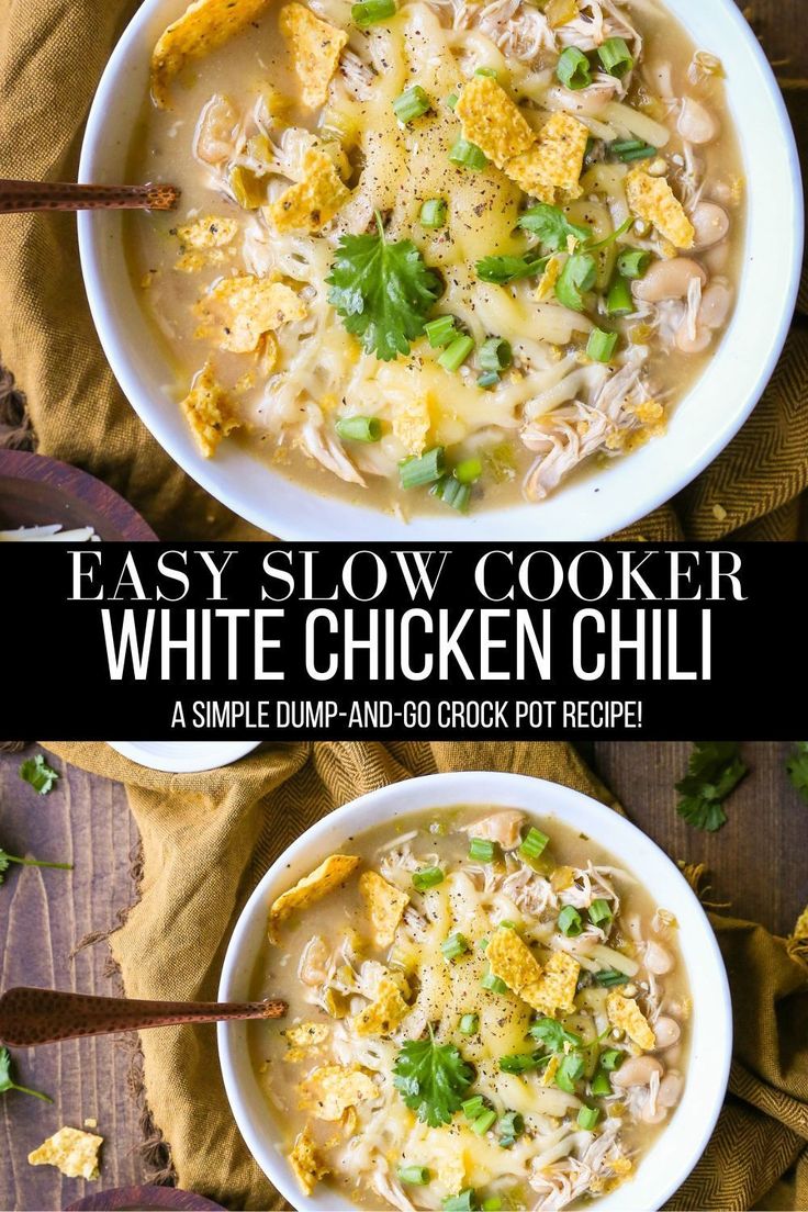 two bowls of easy slow cooker white chicken chili