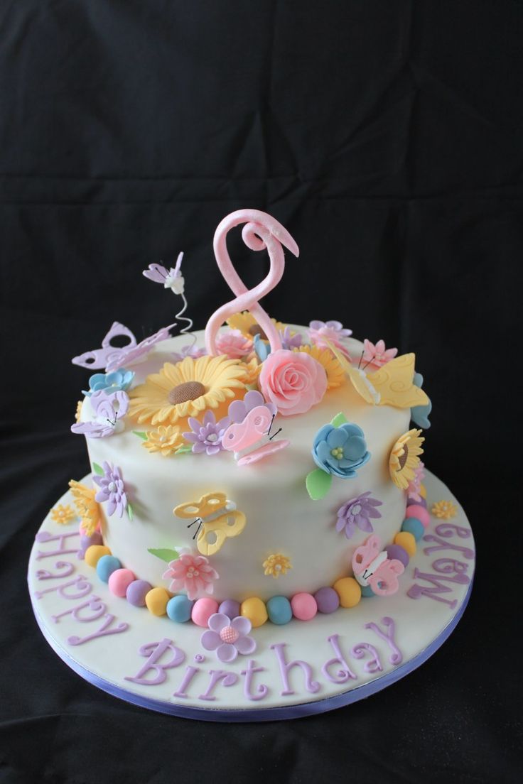 a birthday cake decorated with flowers and butterflies