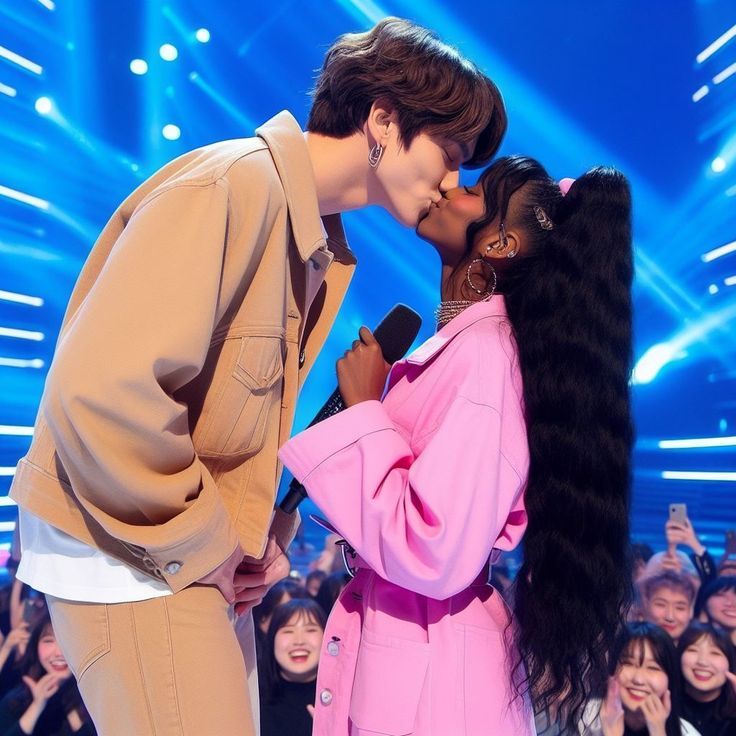 a man kissing a woman on the cheek while standing next to her in front of an audience