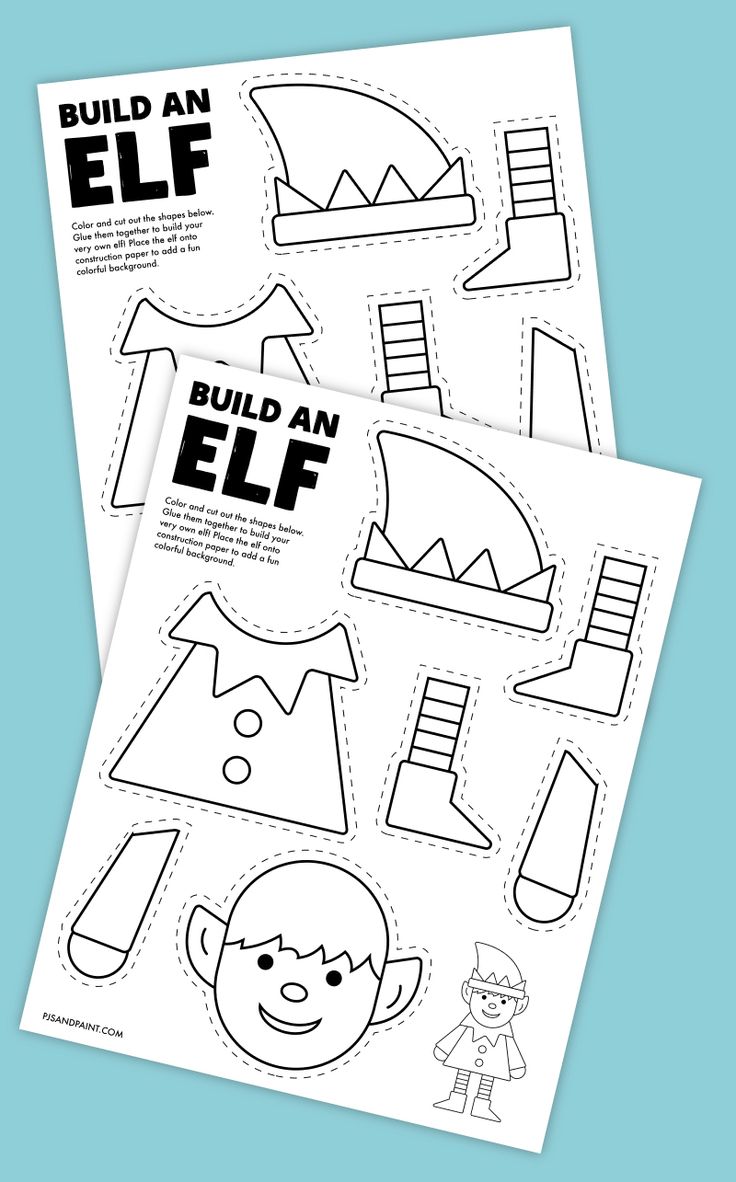 two sheets of cut out paper with the words build an elf in black and white