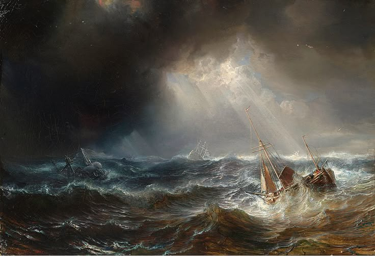 a painting of boats in rough seas under a cloudy sky with light coming from behind