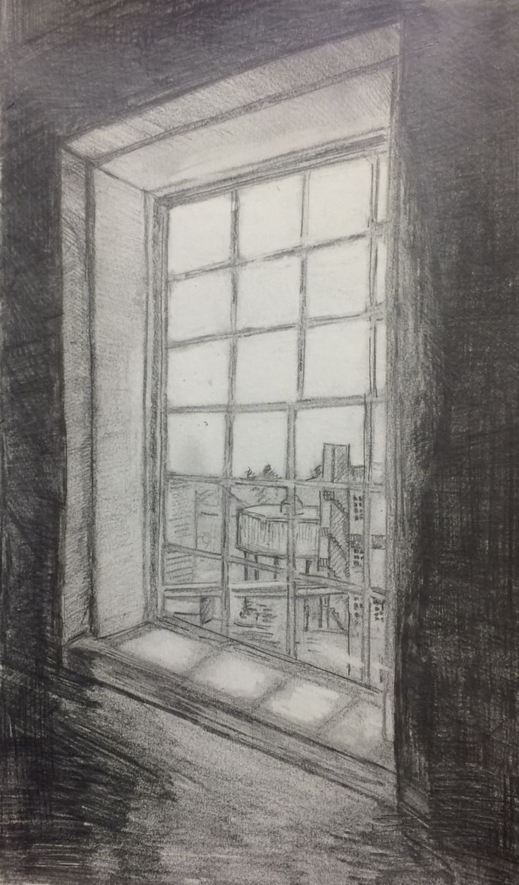 a drawing of an open window in a dark room