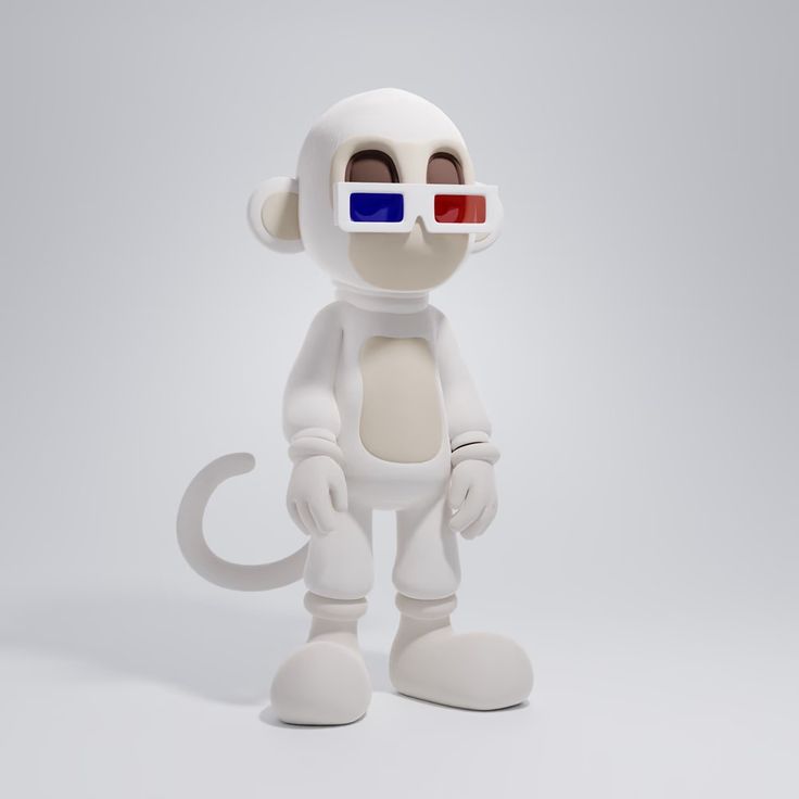 a white monkey with red and blue glasses on it's face, standing in front of a gray background