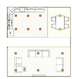 the floor plan for a kitchen and living room is shown in two separate sections, one with