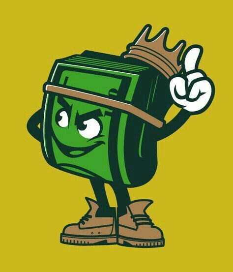 a green bag with a crown on it's head and hands in the air