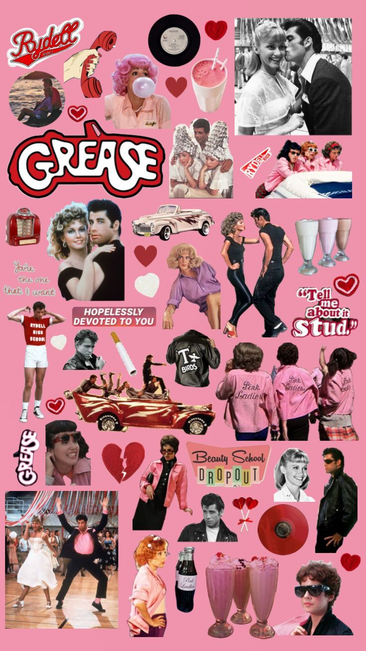 a collage of photos with the words grease on them and pictures of people in different outfits