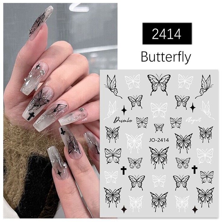 Butterfly Cross Nail Stickers Stars Butterfly Black White Nail Decals Black Butterfly Stickers, Jo Brand, Female Makeup, Butterfly Moon, Nails Inspiration Spring, Butterfly Black And White, Cross Nails, Pattern Butterfly, Butterfly Nail Art