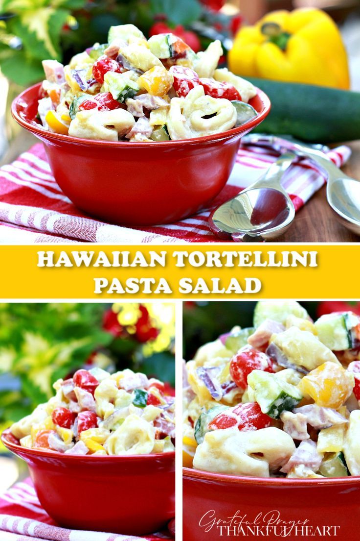 hawaiian tortellini pasta salad in a red bowl