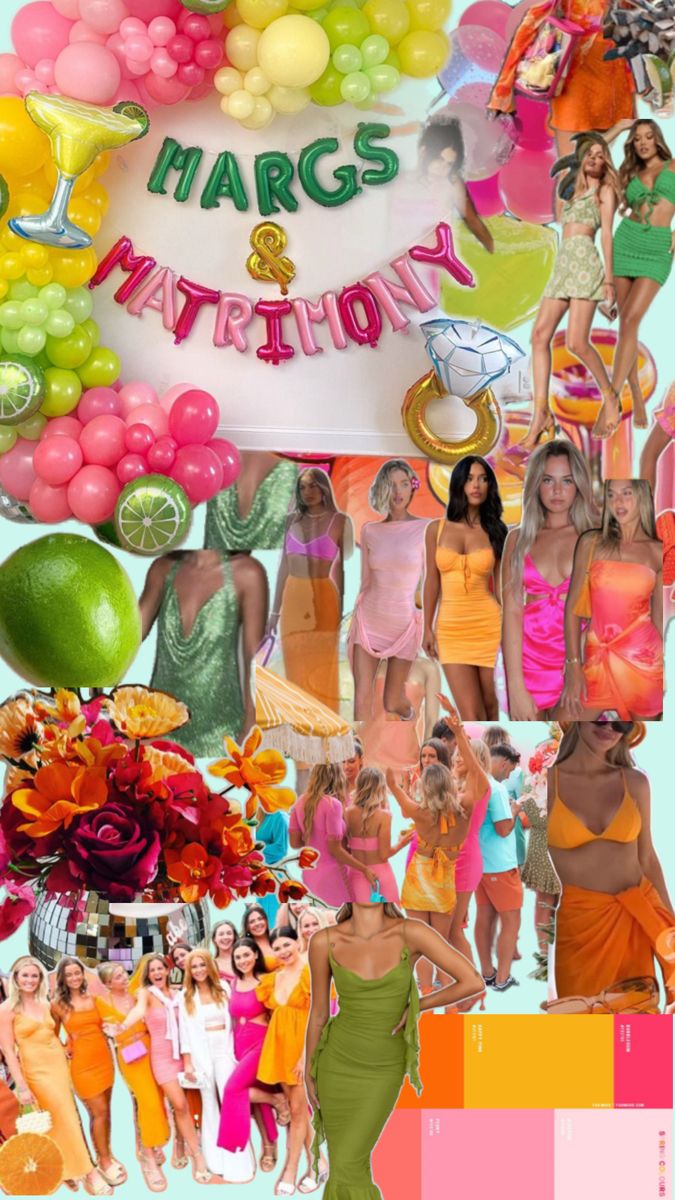 a collage of women in swimsuits and balloons with the words marg's birthday written on it