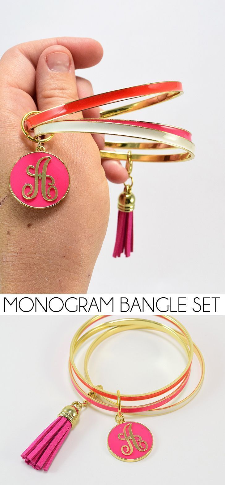 This is a really easy little project to personalize a bangle bracelet set. What a cute and simple DIY gift to give! Elephant Charm Necklace, Diy Jewelry Making Tutorials, Diy Bangle Bracelets, Leather Jewelry Diy, Lucky Charm Necklace, Diy Jewelry Unique, Floating Necklace, Bangle Bracelet Set, Monogram Jewelry