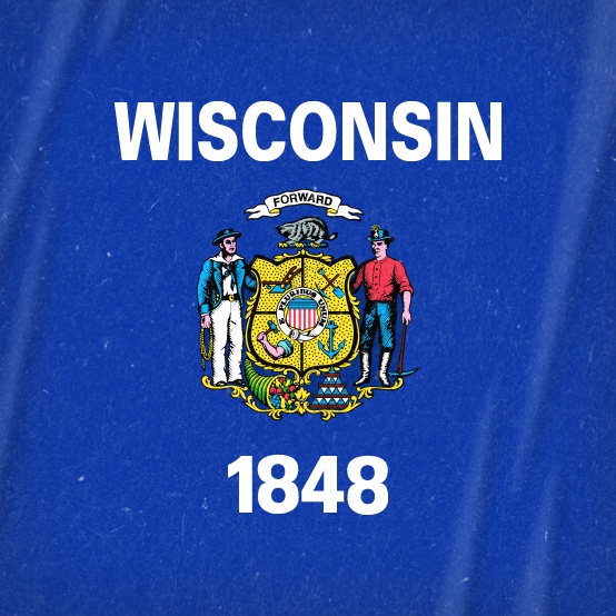 the state flag of wisconsin is shown on a blue background with white writing that reads wisconsin