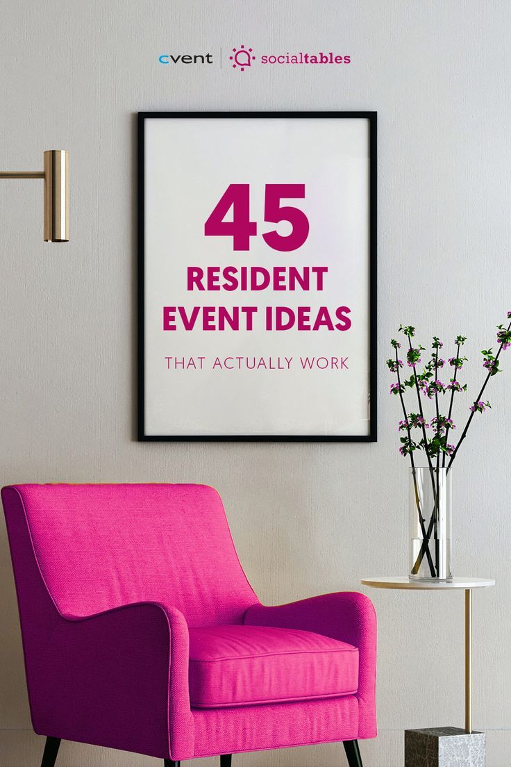 a pink chair in front of a white wall with the words 45 resident event ideas that actually work