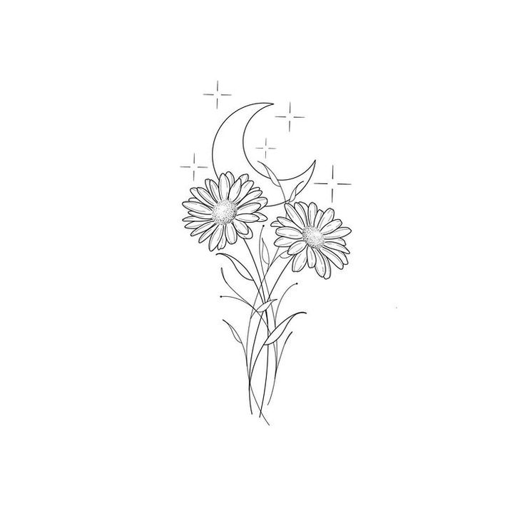 a line drawing of flowers with the moon in the background