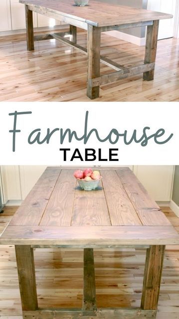 a table made out of pallet wood with text overlay that says farmhouse table