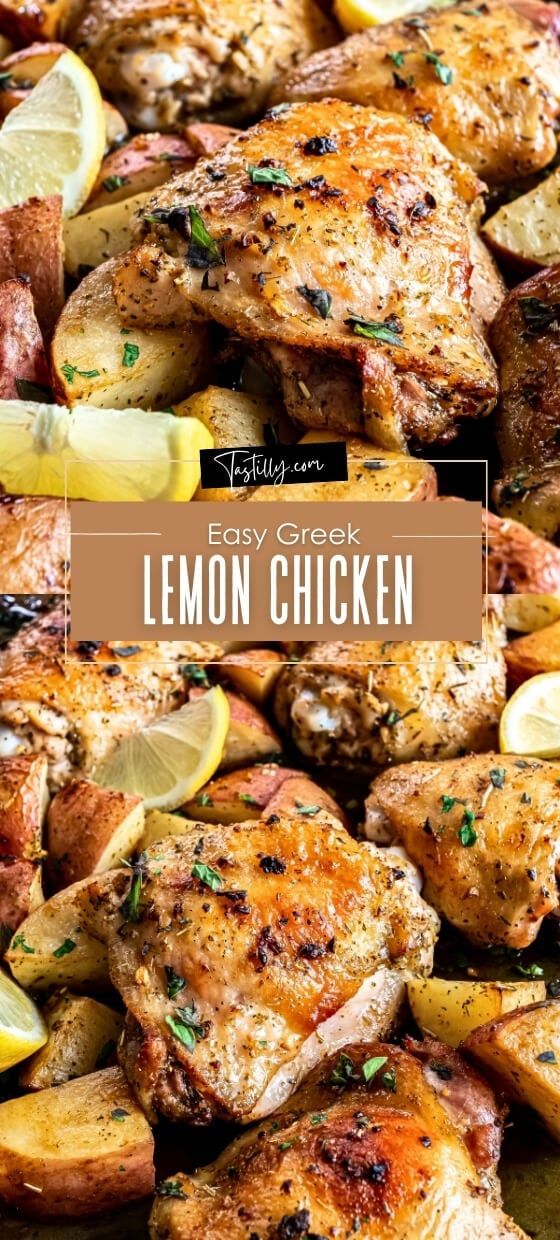 lemon chicken with potatoes on the side and text overlay that reads easy oven lemon chicken