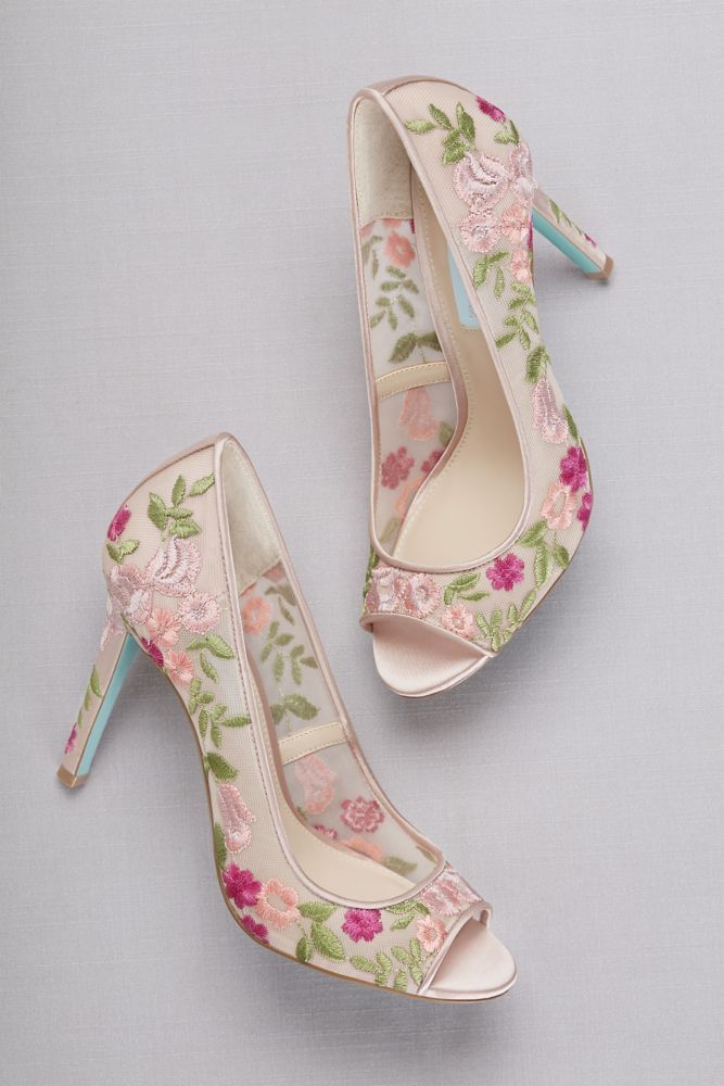 Floral-Embroidered Mesh Peep-Toe Heels Style SBMAVE, Pink, 10 Floral Embroidered Heels, Sepatu Pump, Bridal Sandals Heels, Davids Bridal Shoes, Hak Tinggi, Dr Shoes, Fashion Shoes Heels, Floral Heels, Bridal Sandals